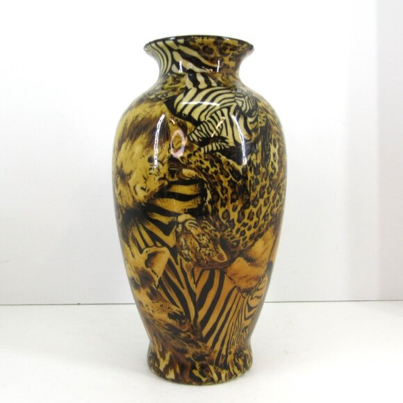 Ceramic African Safari Patchwork Vase Lions Leopards and Zebra 9 Inch Tall - Picture 2 of 7